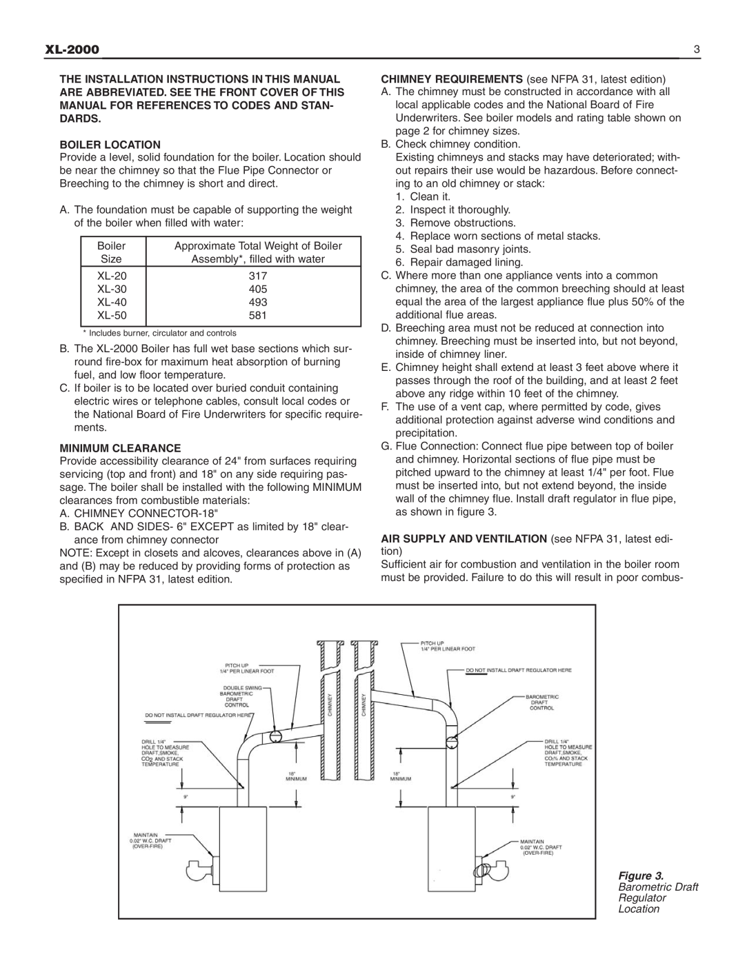 Slant/Fin XL-2000 dimensions Boiler Location, Minimum Clearance 