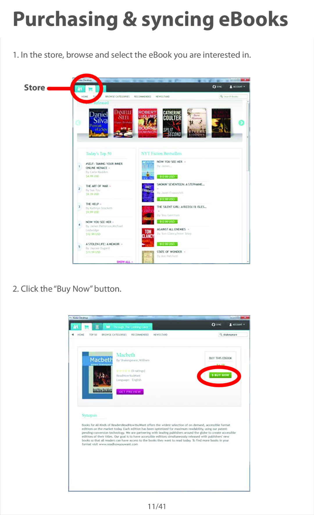 Slick ER701 manual Purchasing & syncing eBooks, Store 