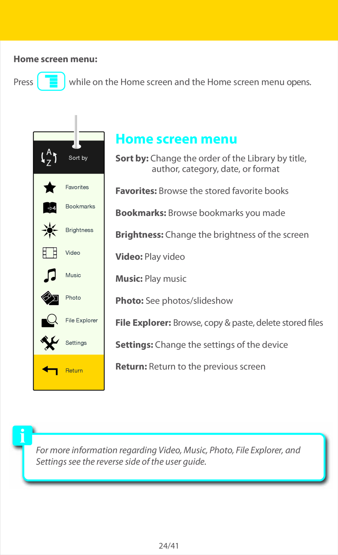 Slick ER701 manual Home screen menu 