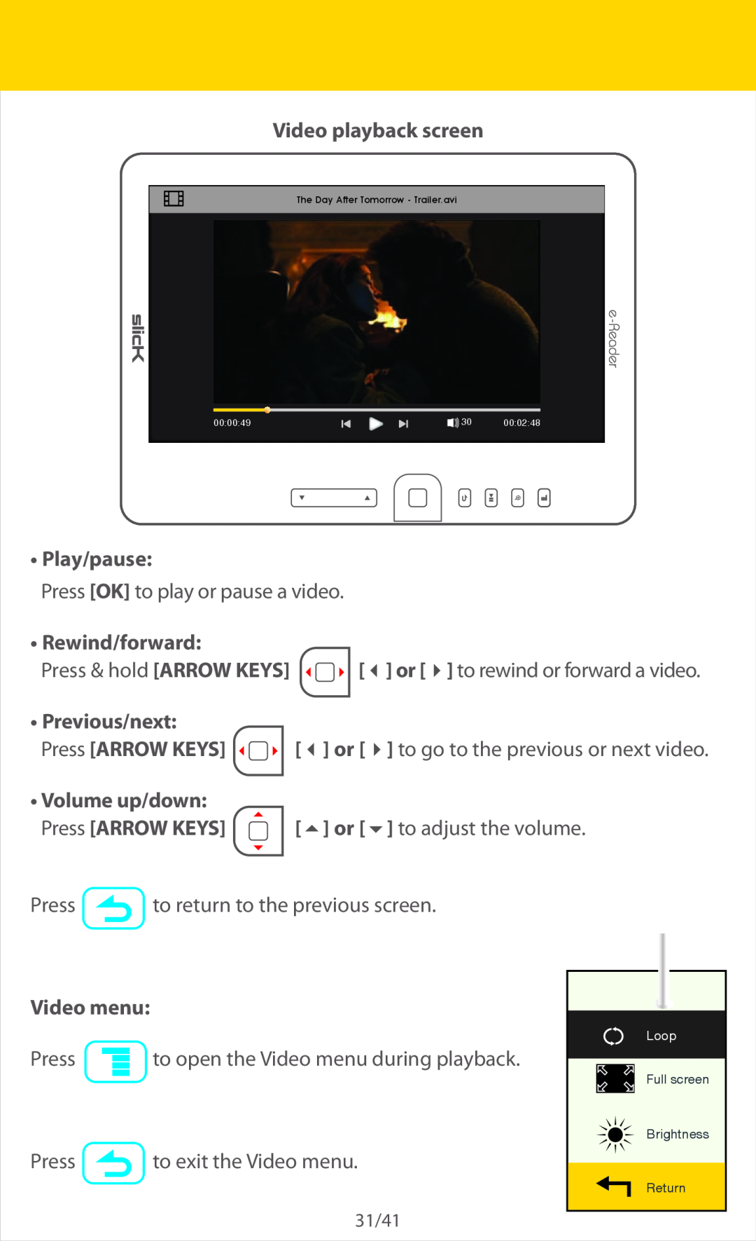 Slick ER701 manual Video playback screen, Play/pause, Rewind/forward, Previous/next, Volume up/down, Video menu 