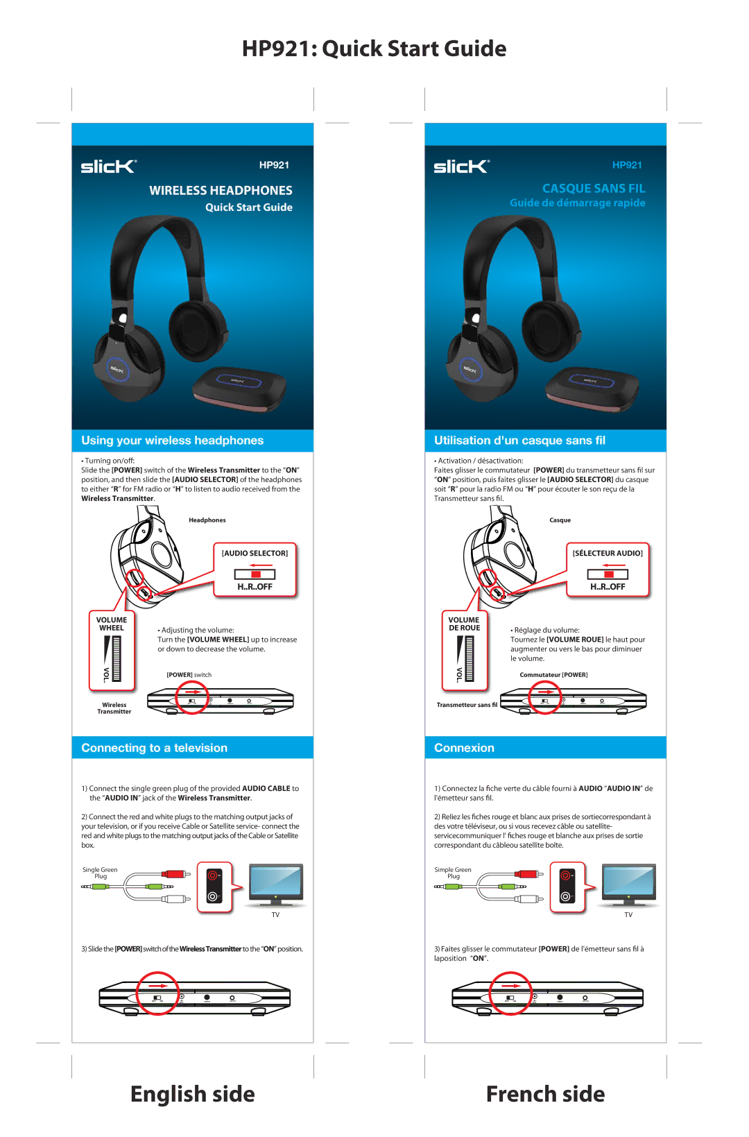 Slick HP921 quick start Using your wireless headphones, Connecting to a television, Utilisation dun casque sans fil 