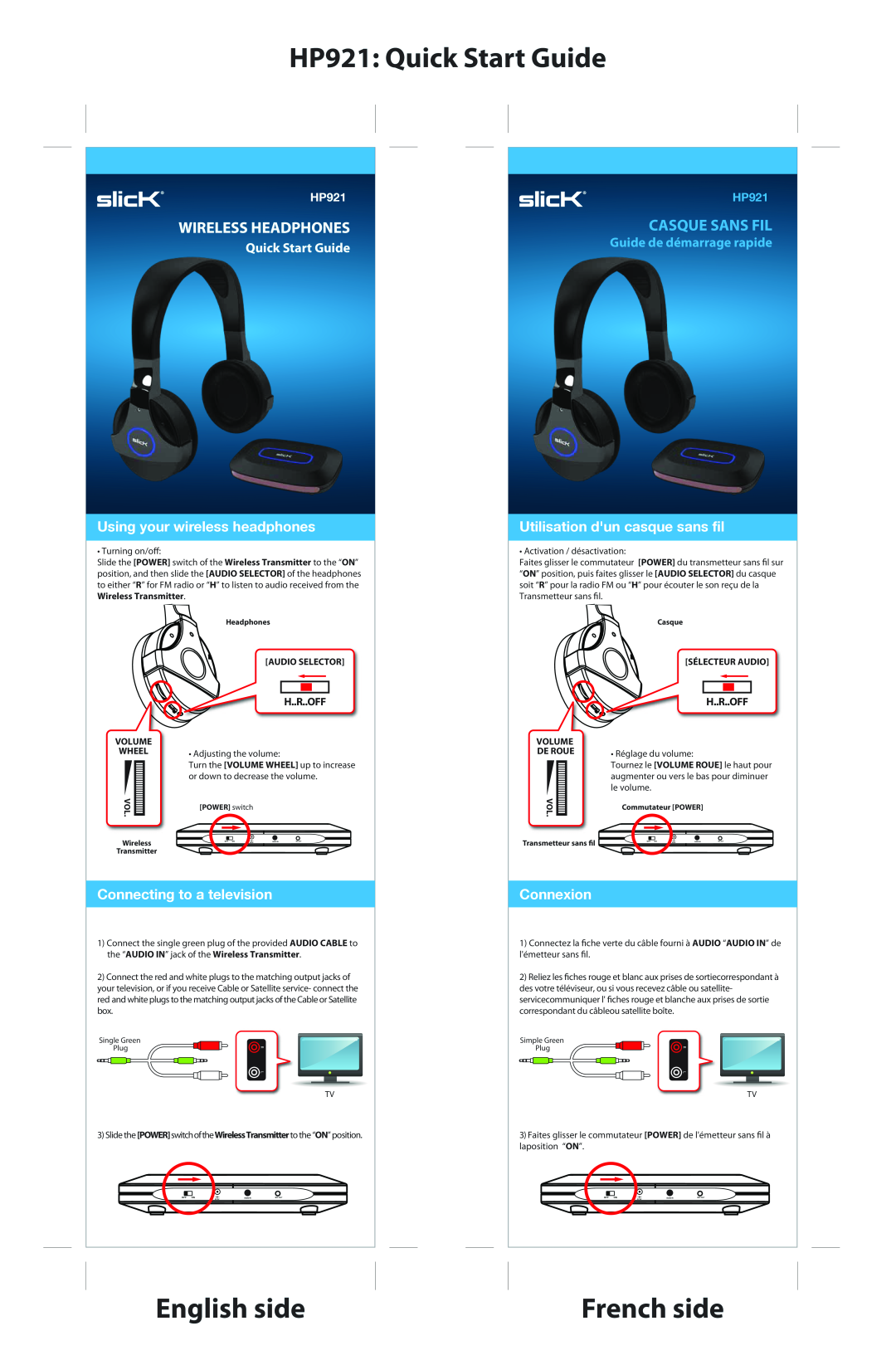 Slick quick start HP921 Quick Start Guide, English side, French side, Wireless Headphones, Casque Sans Fil, Connexion 