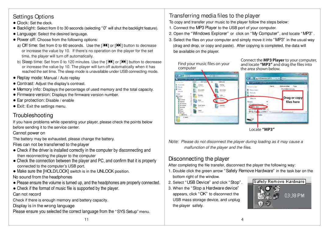 Slick MP305-2 manual Settings Options, Transferring media files to the player, Troubleshooting, Disconnecting the player 