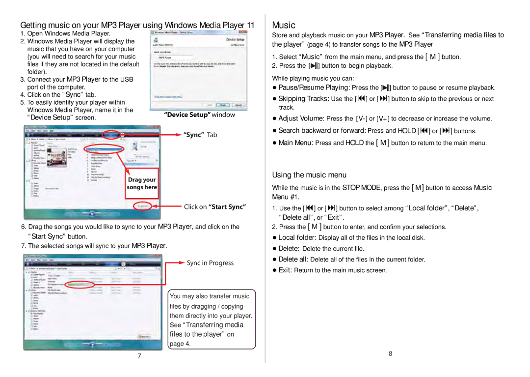 Slick MP305-2 manual Music, Using the music menu, Search backward or forward Press and Hold  or  buttons, Menu #1 