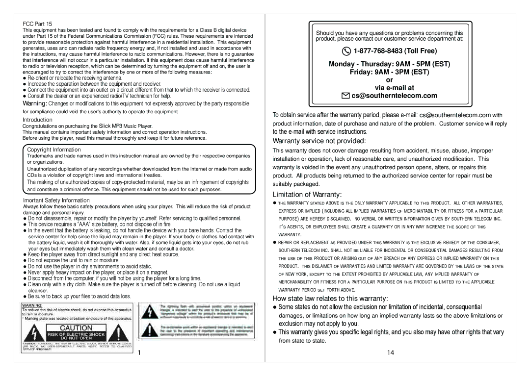 Slick MP316CB-2 manual Warranty service not provided, Limitation of Warranty, How state law relates to this warranty 