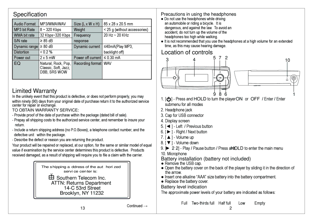 Slick MP316CB-2 manual Specification, Limited Warranty, Location of controls, Precautions in using the headphones 