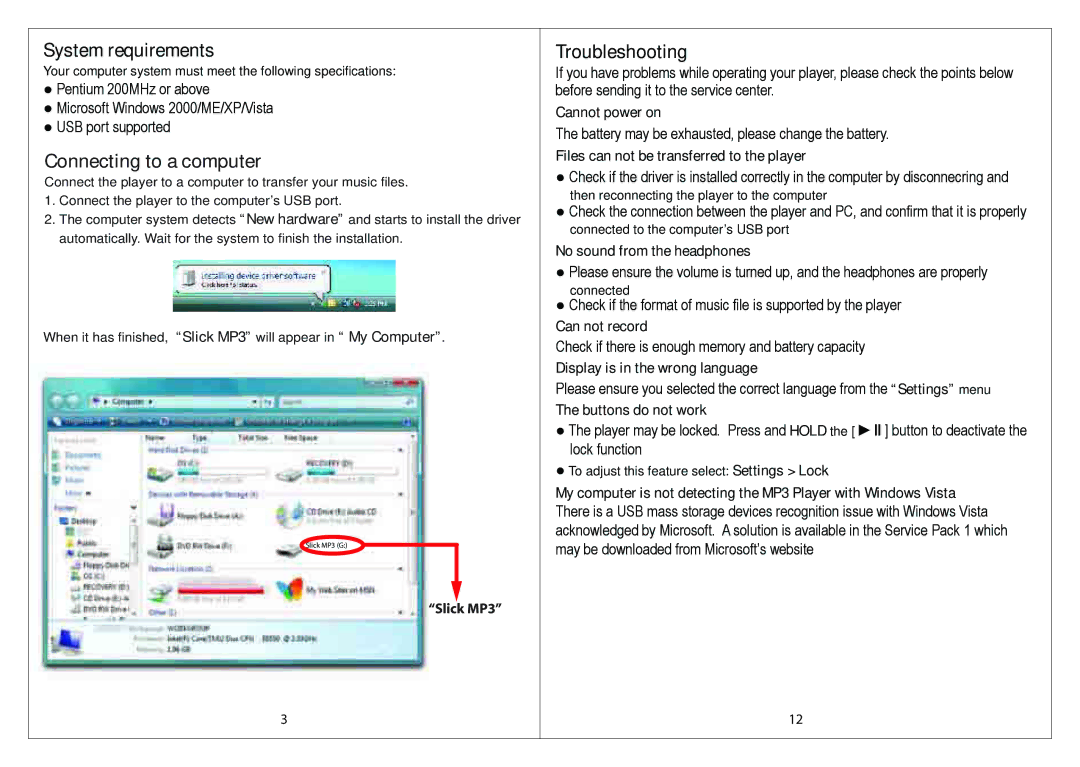 Slick MP316CB-2 manual System requirements, Connecting to a computer, Troubleshooting 
