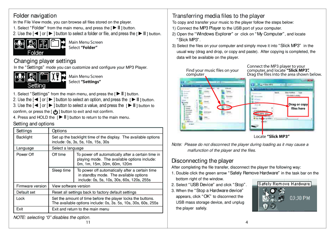 Slick MP316CB-2 Folder navigation, Changing player settings, Transferring media files to the player, Setting and options 