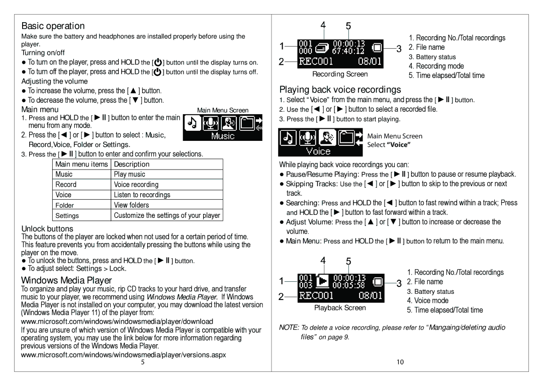 Slick MP316CB-2 manual Basic operation, Windows Media Player, Playing back voice recordings, Main menu, Unlock buttons 