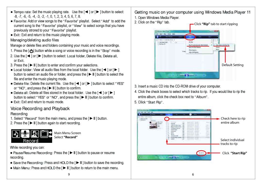 Slick MP316CB-2 manual Voice Recording and Playback, Managing/deleting audio files, Cllick Start Rip 