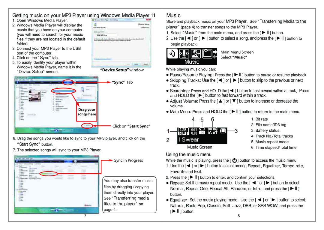 Slick MP316CB-2 manual Getting music on your MP3 Player using Windows Media Player, Using the music menu, Music Screen 