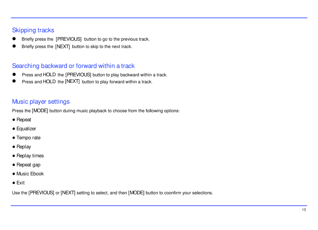 Slick MP402-2 manual Skipping tracks, Searching backward or forward within a track, Music player settings 