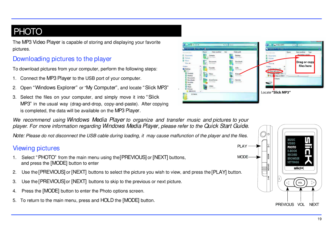 Slick MP402-2 manual Photo, Downloading pictures to the player, Viewing pictures 