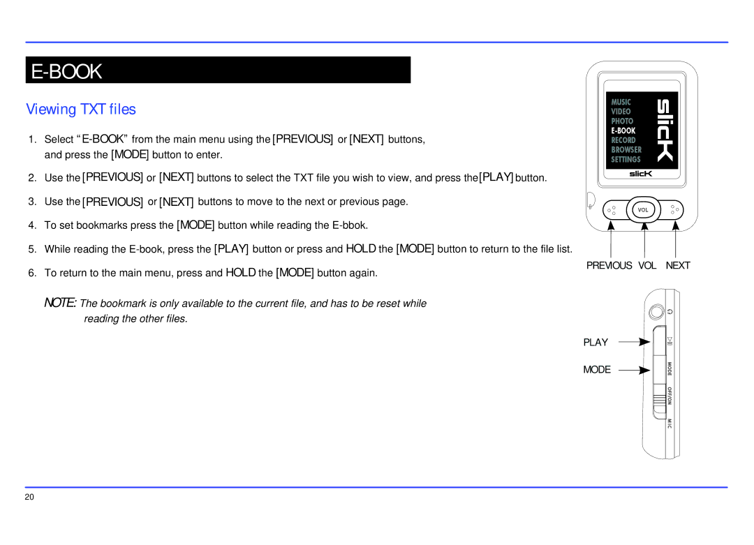 Slick MP402-2 manual Book, Viewing TXT files 