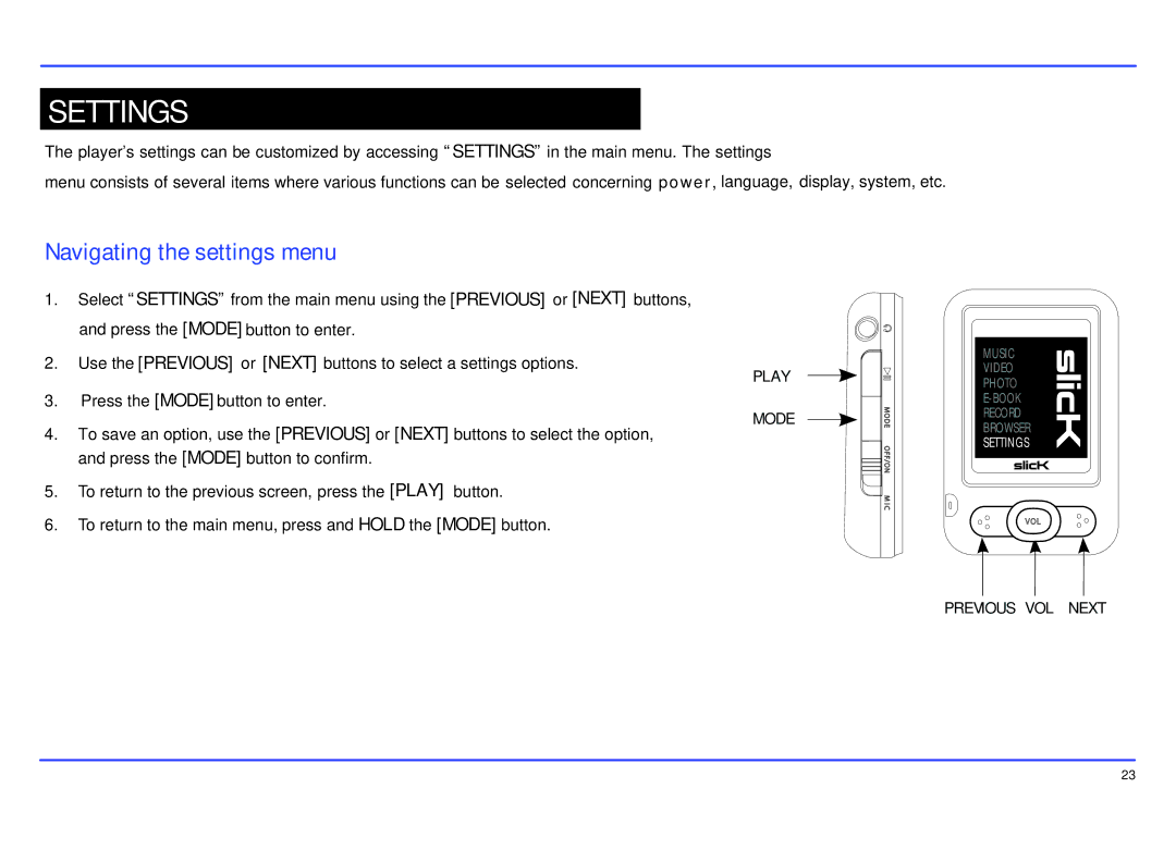 Slick MP402-2 manual Settings, Navigating the settings menu 