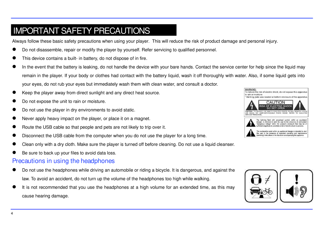 Slick MP402-2 manual Important Safety Precautions, Precautions in using the headphones 