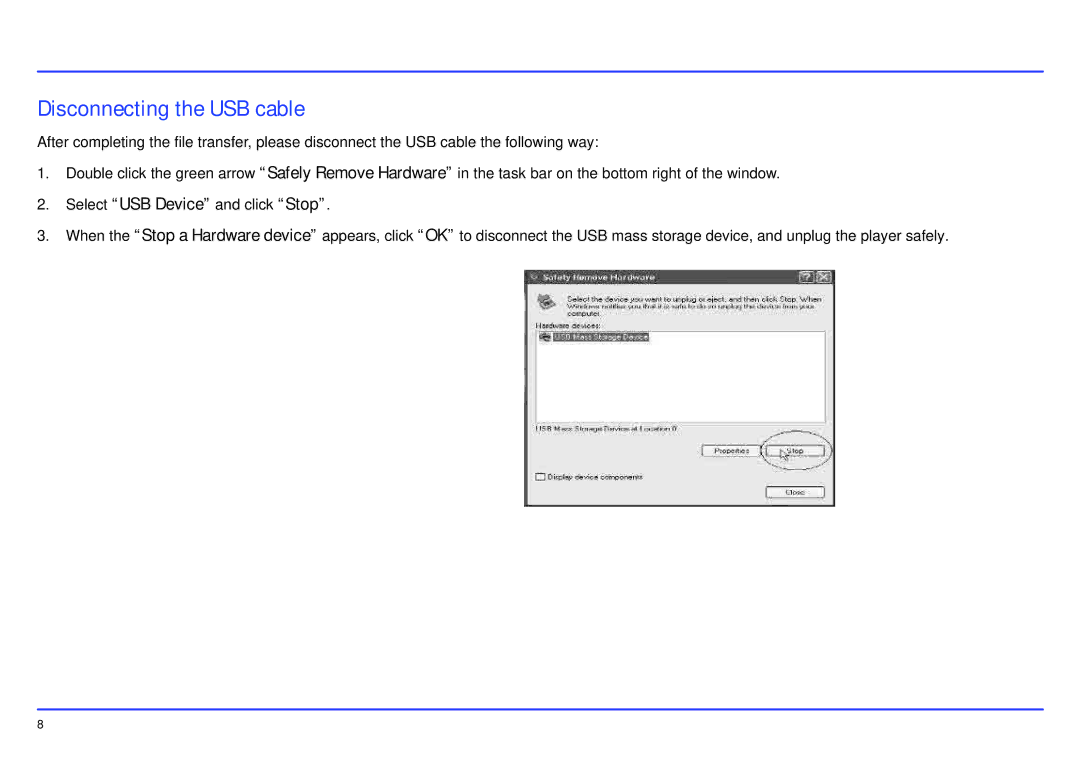 Slick MP402-2 manual Disconnecting the USB cable, Select USB Device and click Stop 