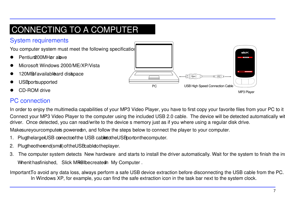 Slick MP413-2 manual Connecting to a Computer, System requirements, PC connection 