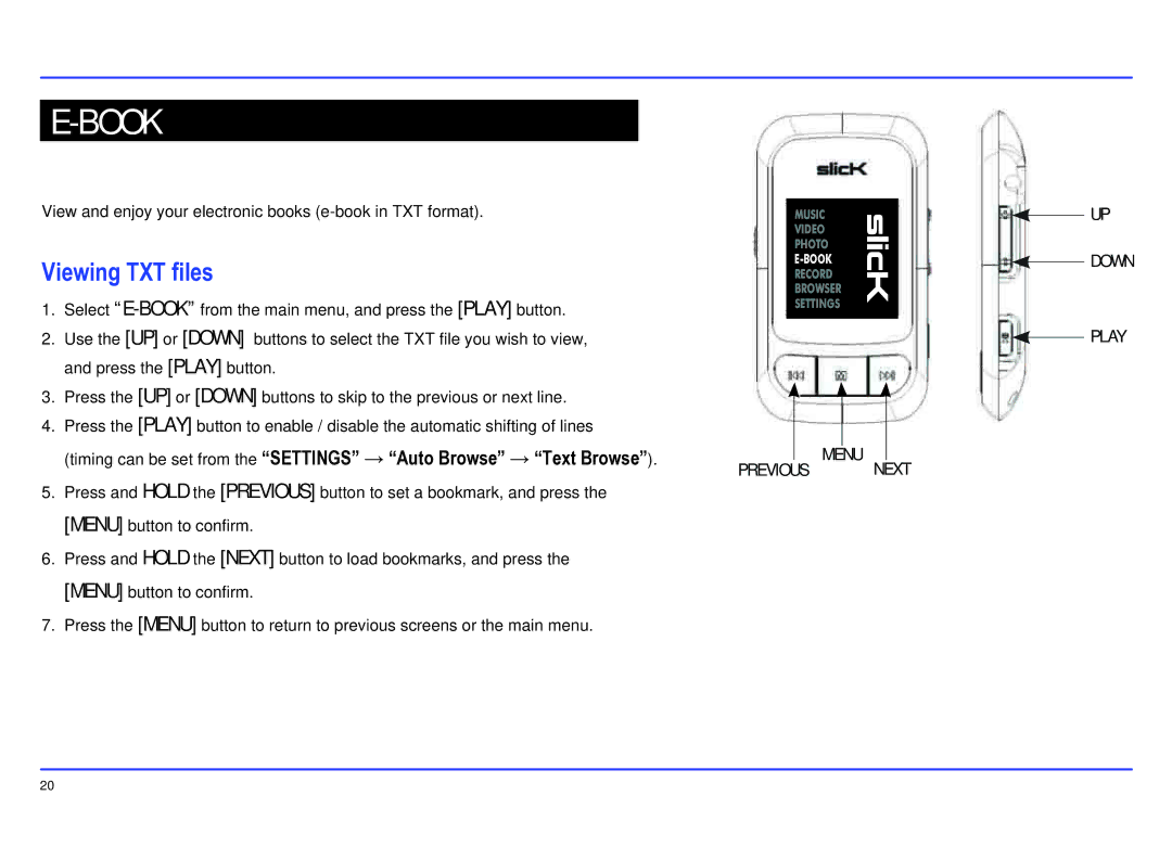 Slick MP413-2 manual Book, Viewing TXT files 