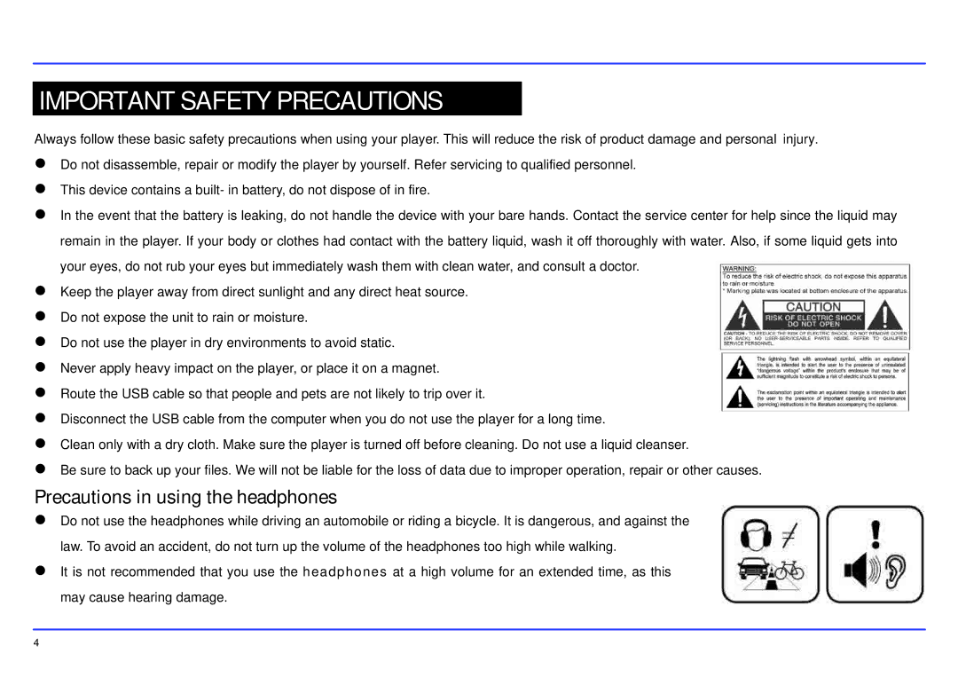 Slick MP413-2 manual Important Safety Precautions, Precautions in using the headphones 