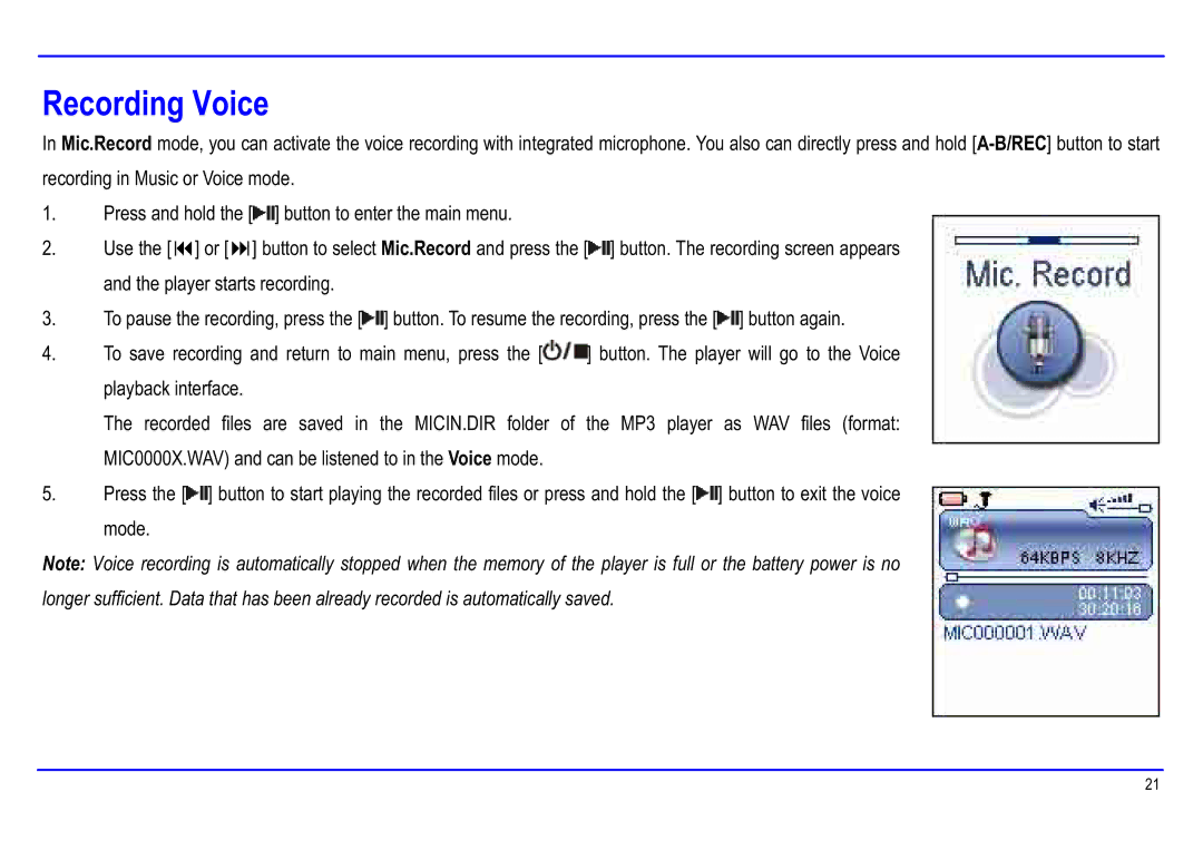 Slick MP416-1 manual Recording Voice 