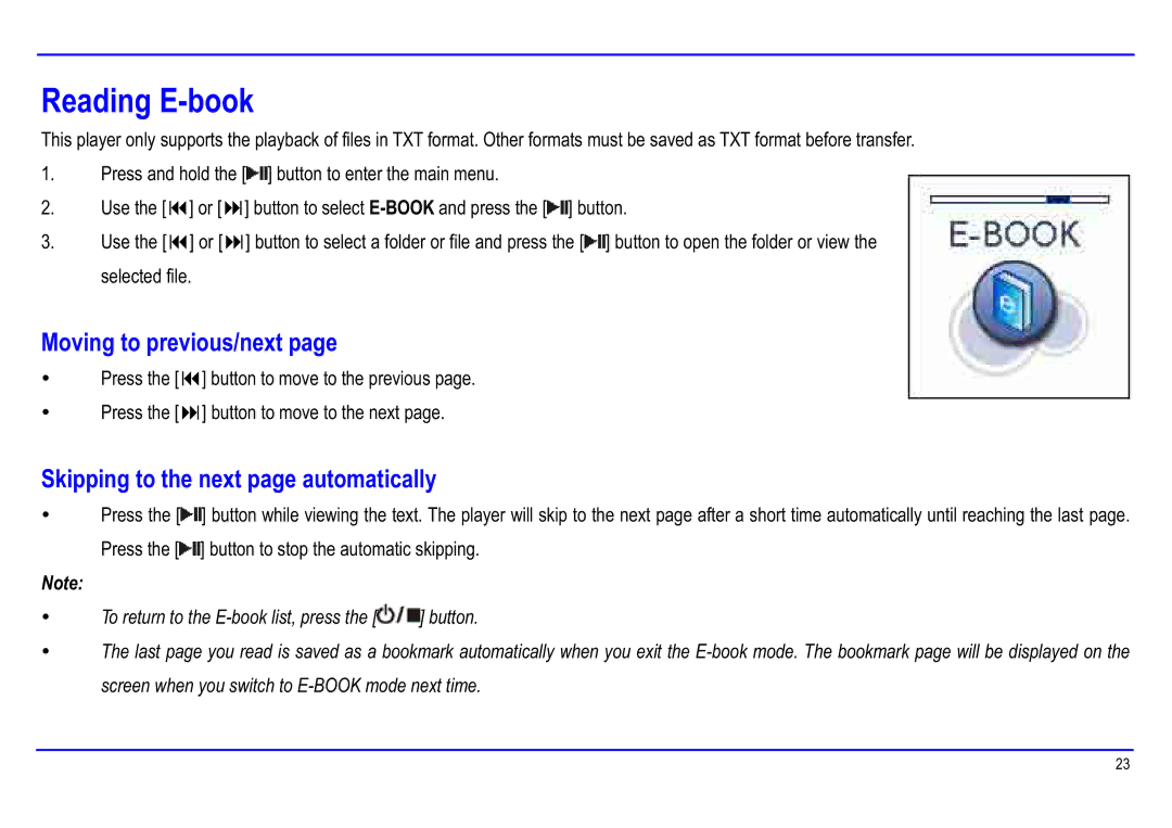 Slick MP416-1 manual Reading E-book, Moving to previous/next, Skipping to the next page automatically 