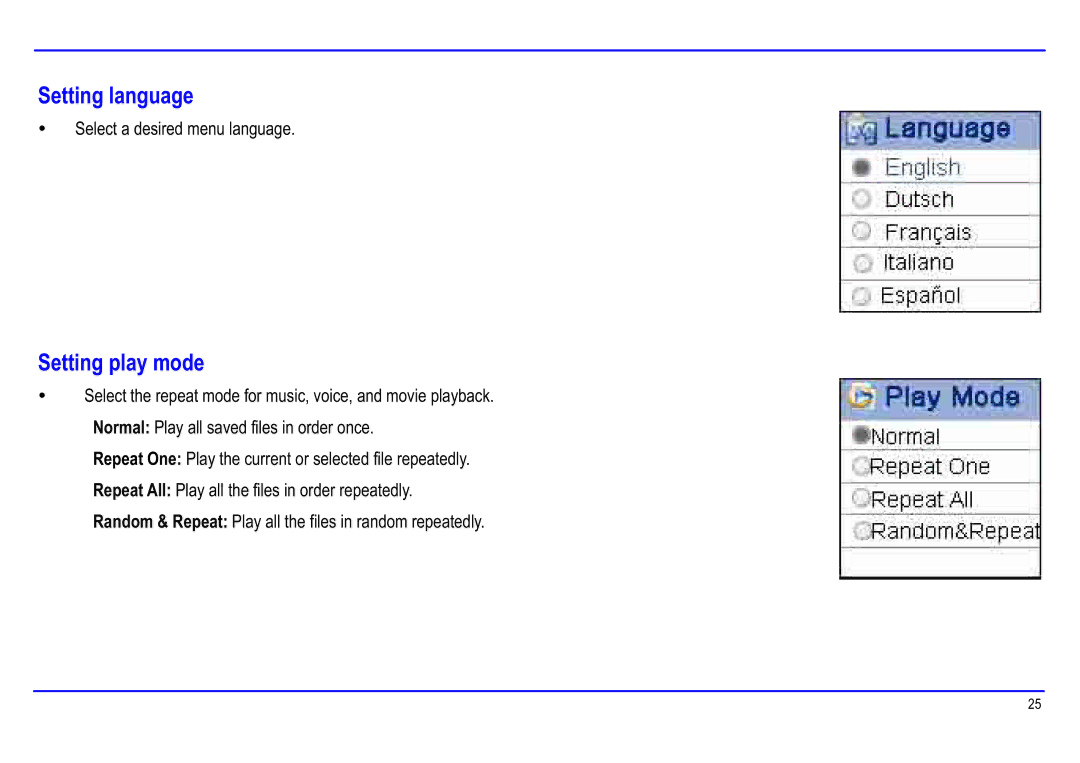 Slick MP416-1 manual Setting language, Setting play mode 