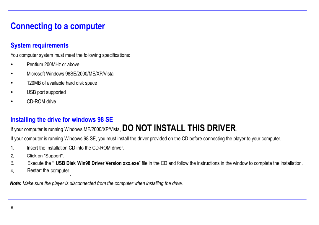 Slick MP416SP-2 manual Connecting to a computer, System requirements, Installing the drive for windows 98 SE 