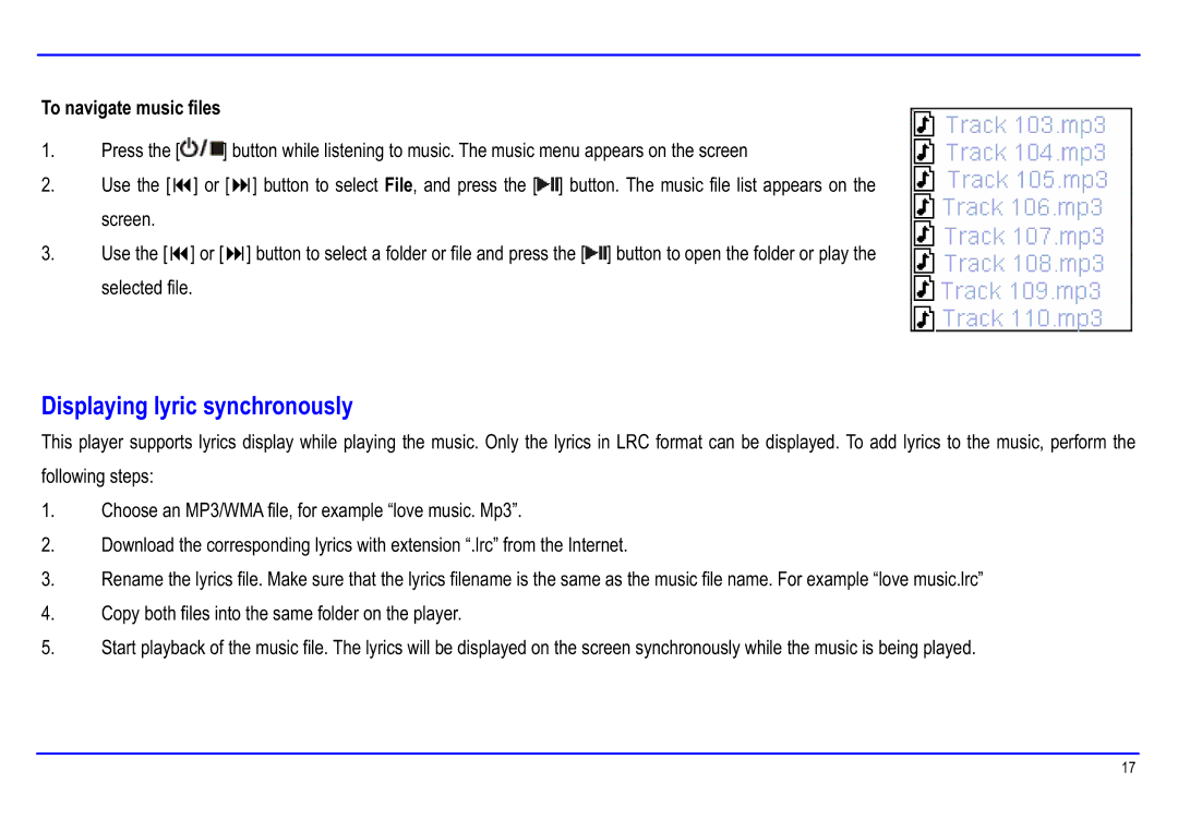 Slick MP416SP-2 manual Displaying lyric synchronously, To navigate music files 