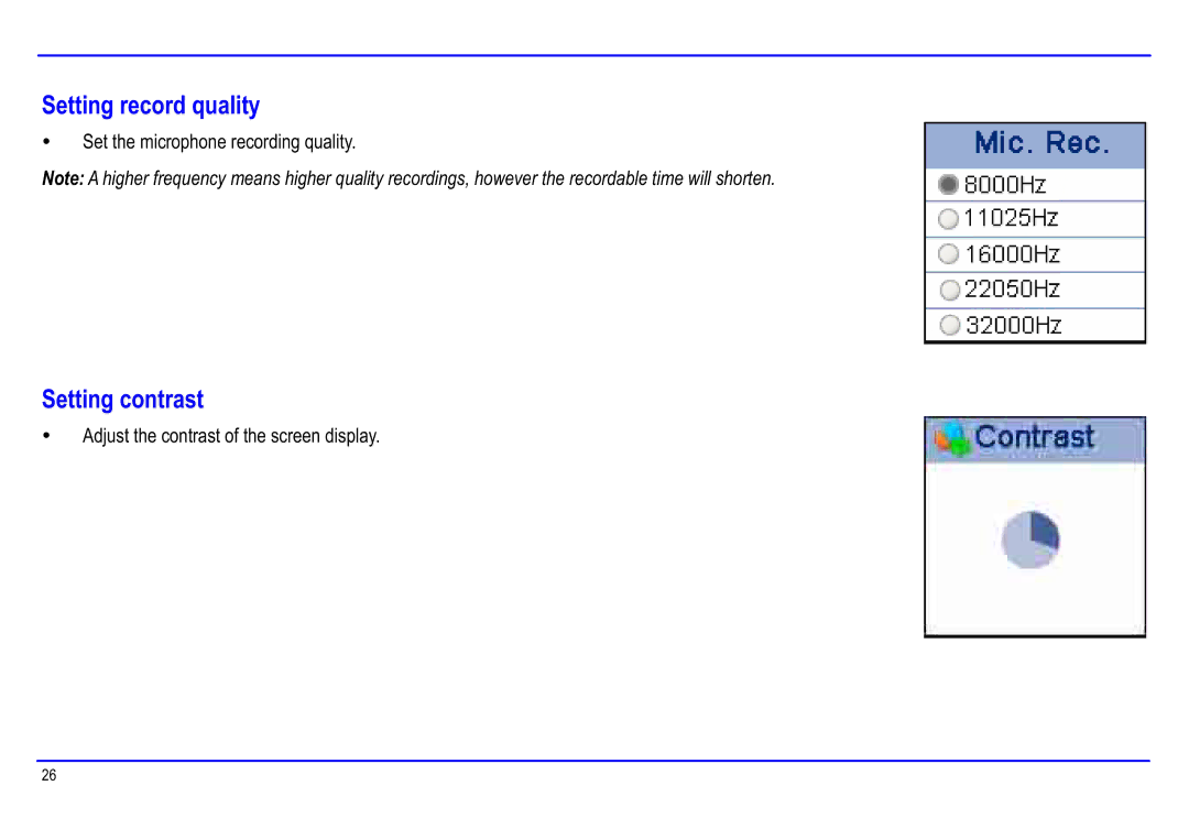 Slick MP416SP-2 manual Setting record quality, Setting contrast 