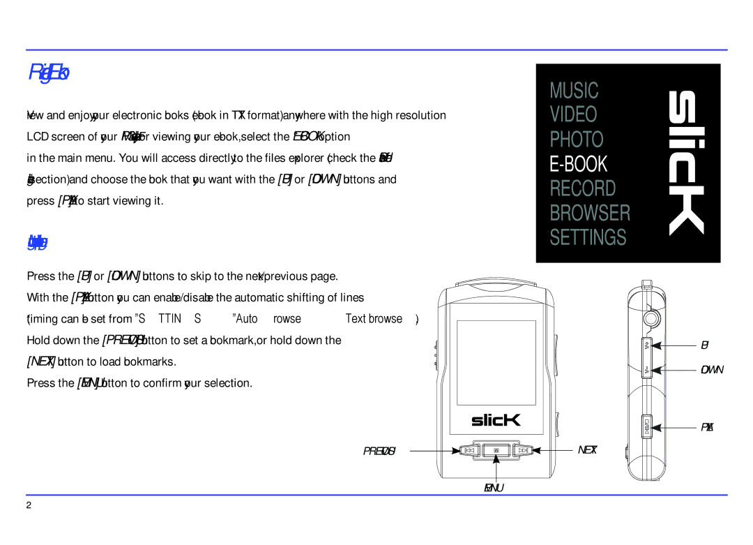 Slick MP417-2CB manual Reading E-book, Moving to previous/next 