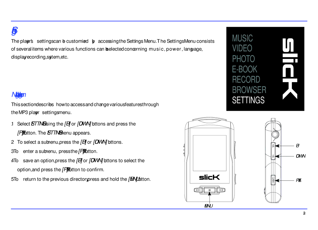 Slick MP417-2CB manual Settings, Navigating the settings menu 