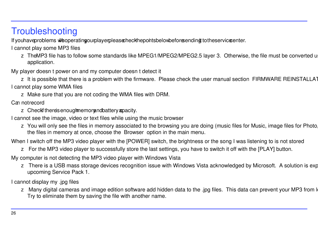 Slick MP417-2CB manual Troubleshooting, Cannot play some MP3 files, Can not record, Cannot display my .jpg files 