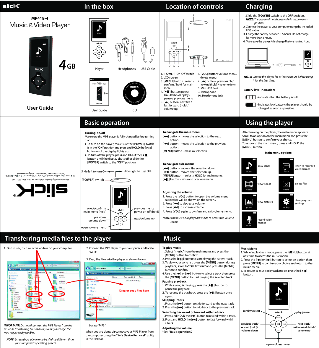 Slick MP418-4 manual Box, Location of controls, Charging, Basic operation, Using the player 