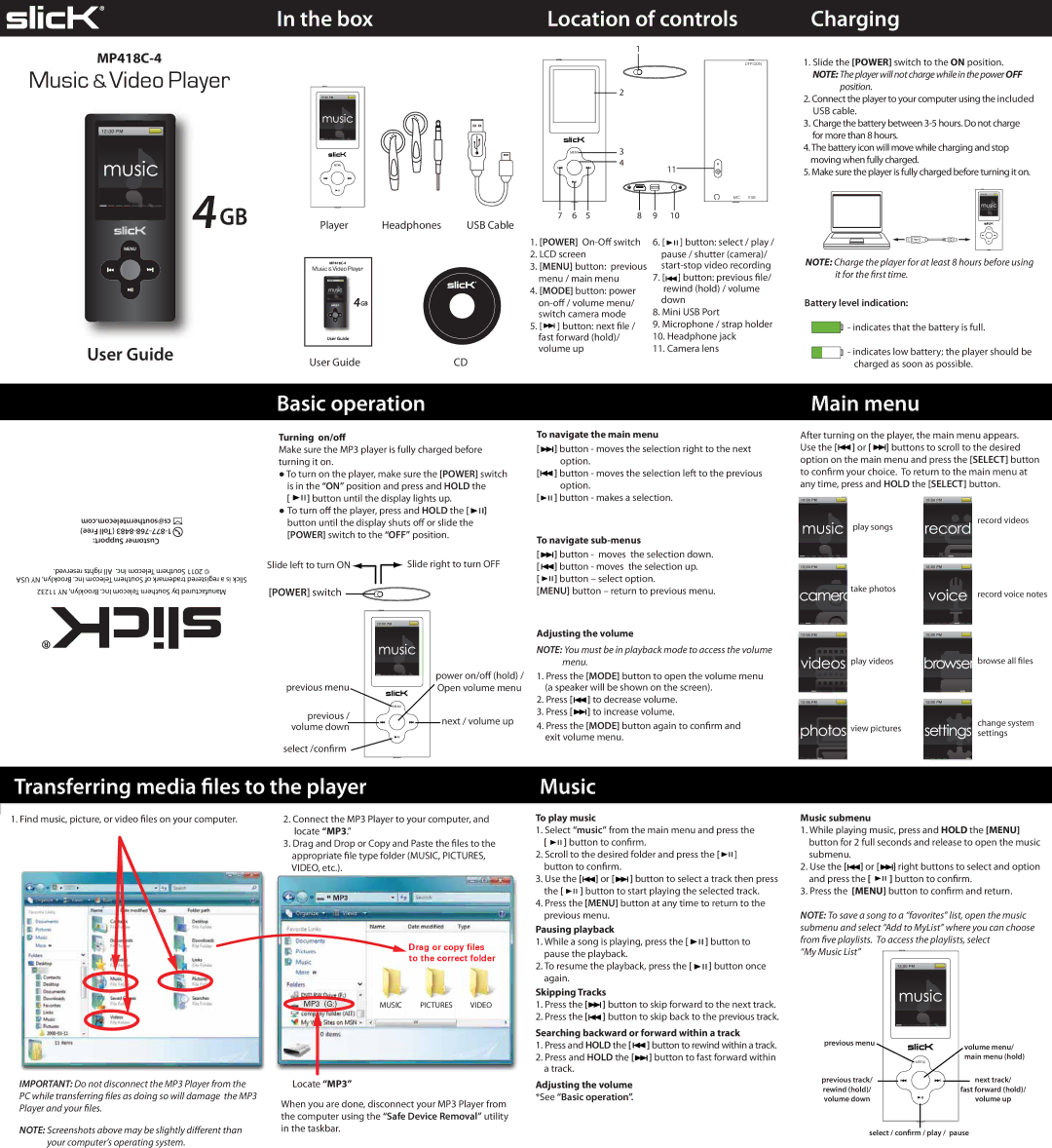 Slick MP418C-4 manual Box Location of controls, Charging, Basic operation, Main menu 