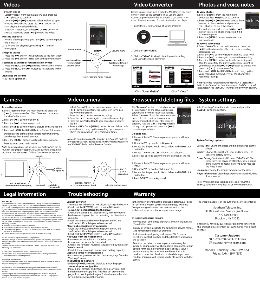 Slick MP418C-4 manual Videos, Video Converter, Legal information, Troubleshooting, Warranty 