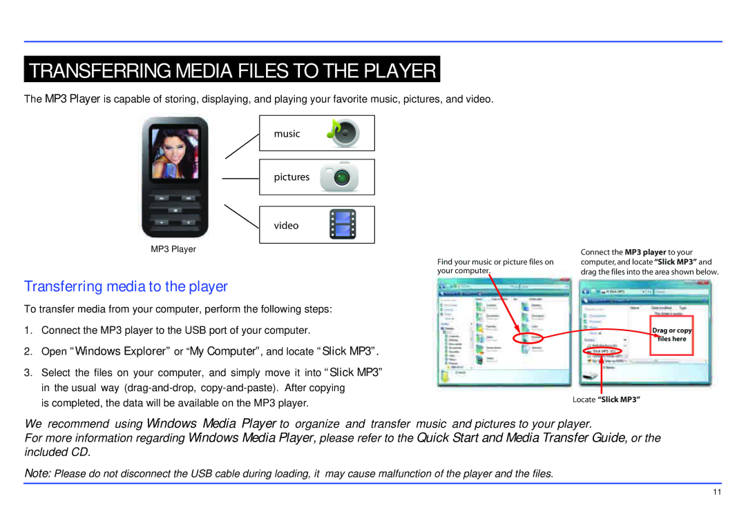 Slick MP517TM-2 manual Transferring Media Files to the Player, Transferring media to the player 