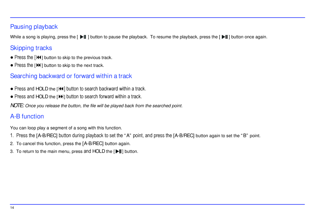 Slick MP517TM-2 manual Pausing playback, Skipping tracks, Searching backward or forward within a track, Function 