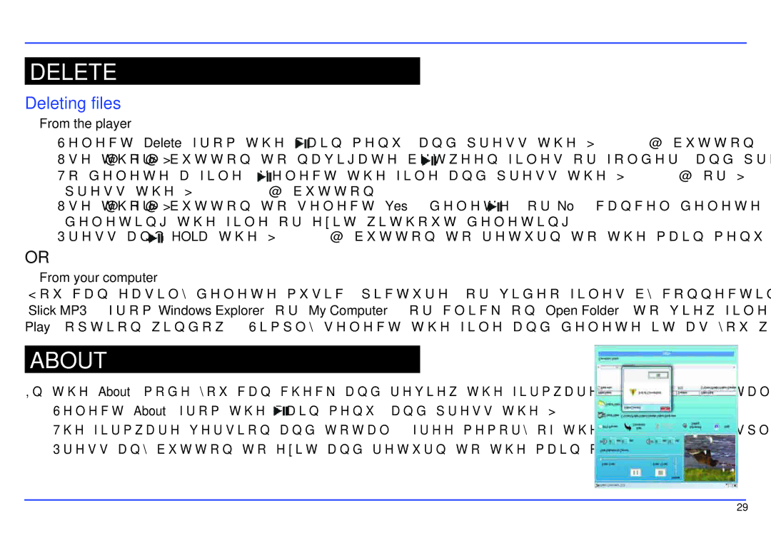 Slick MP517TM-2 manual Delete, About, Deleting files, From the player, From your computer 