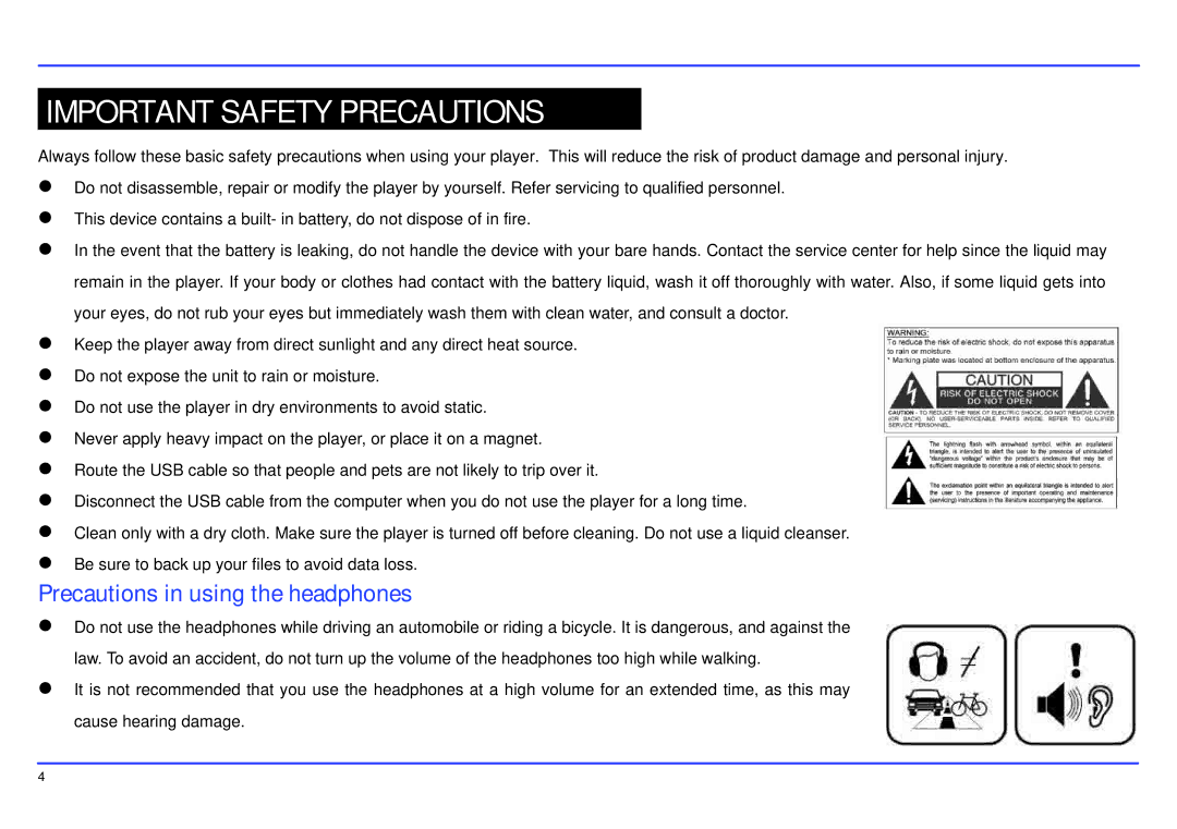 Slick MP517TM-2 manual Important Safety Precautions, Precautions in using the headphones 