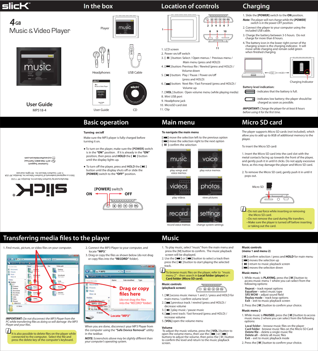 Slick MP518-4 manual Box, Location of controls, Charging, Basic operation, Main menu, Micro SD card, Music 