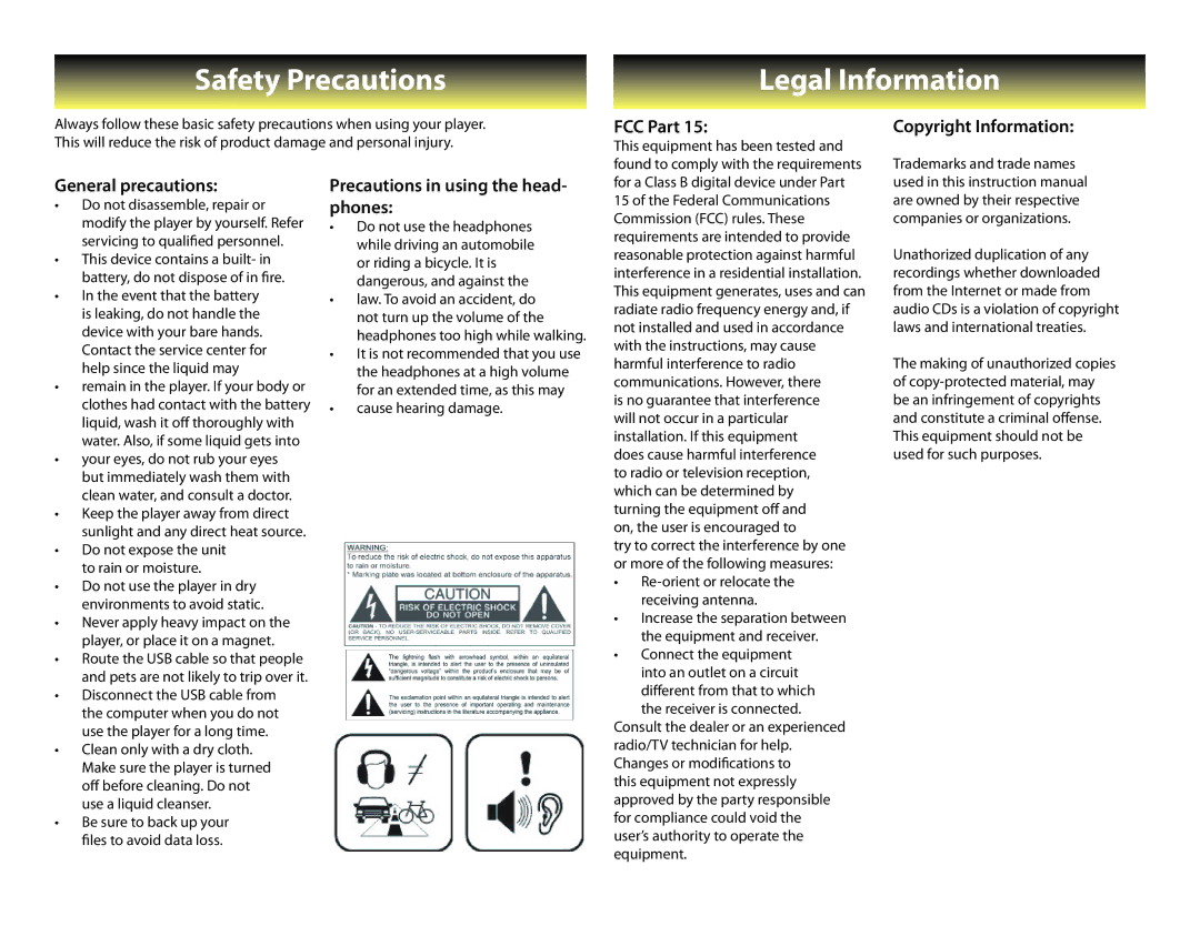 Slick MP550-4 manual Safety Precautions Legal Information, FCC Part, Copyright Information General precautions 