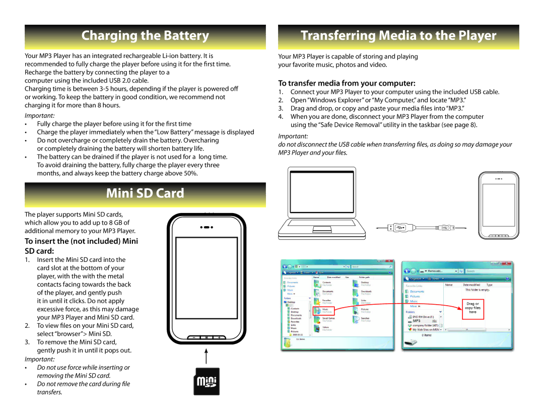 Slick MP550-4 Charging the Battery, Mini SD Card, Transferring Media to the Player, To transfer media from your computer 