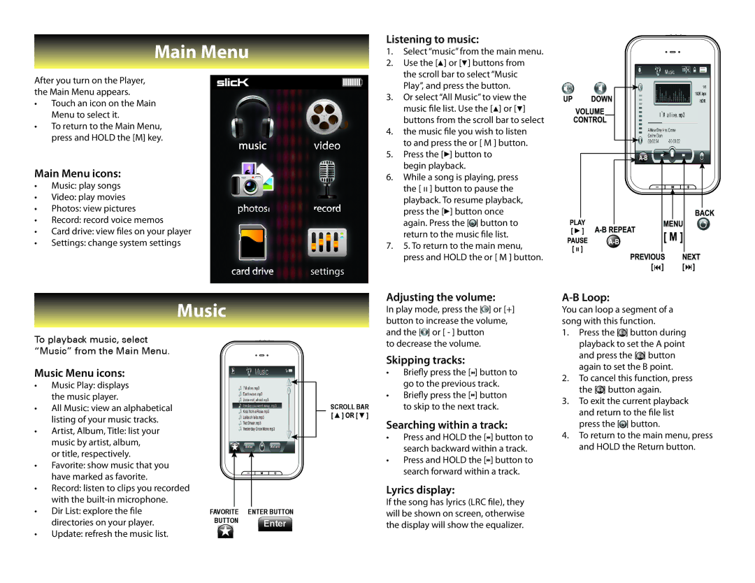 Slick MP550-4 manual Main Menu, Music 