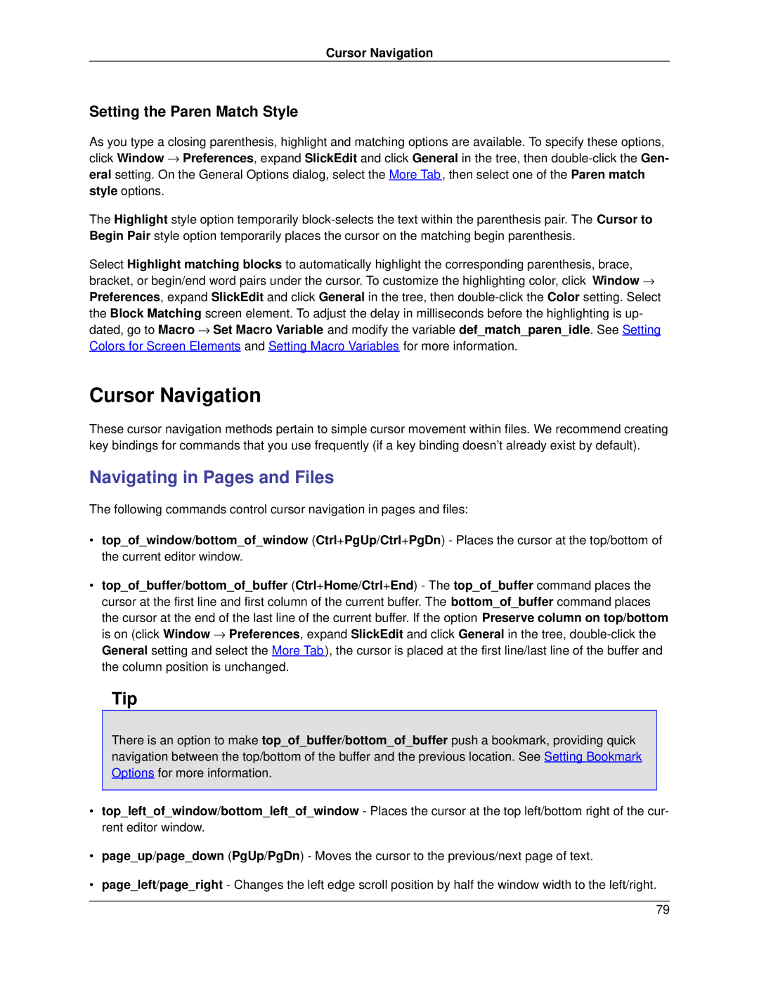 Slick V3.3 manual Cursor Navigation, Navigating in Pages and Files, Setting the Paren Match Style 