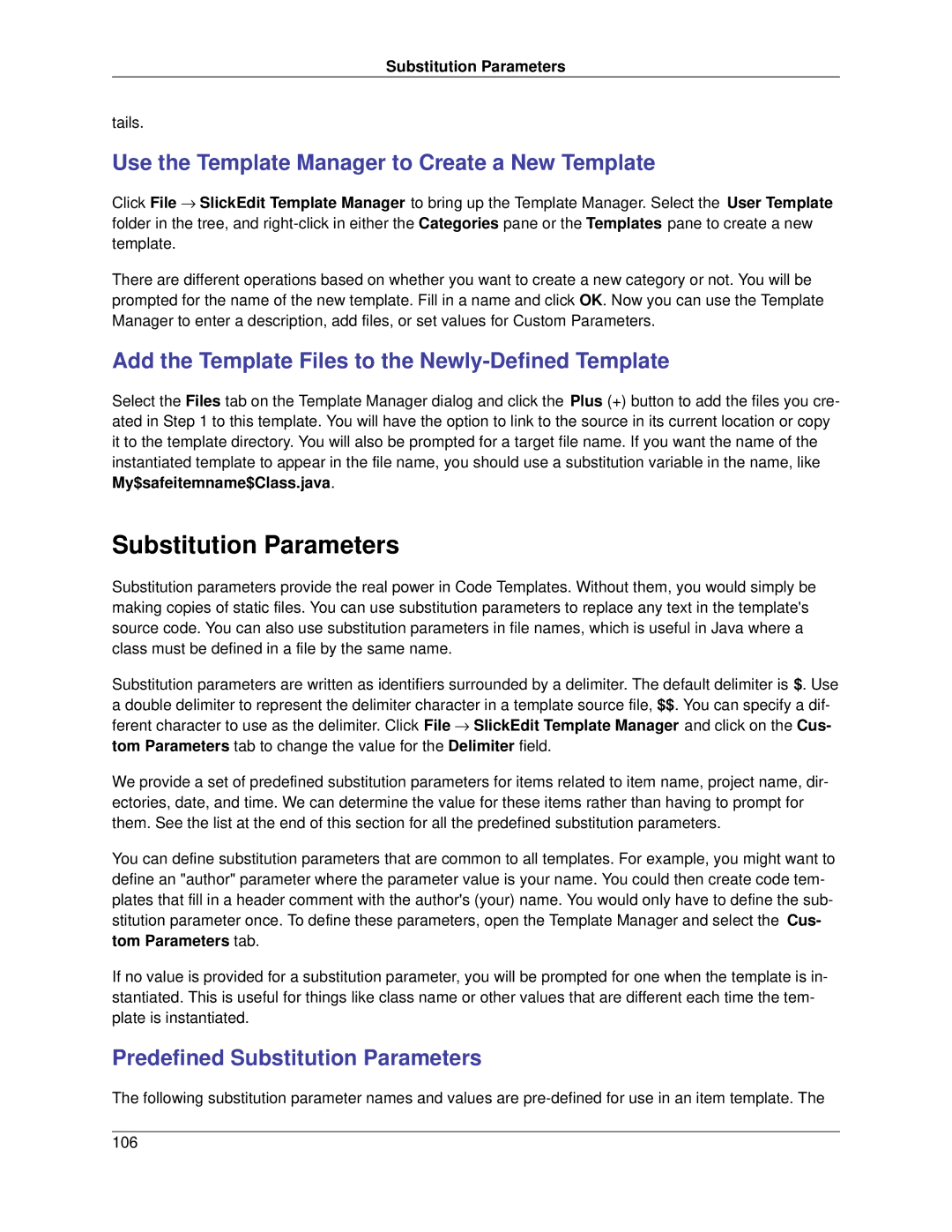 Slick V3.3 manual Use the Template Manager to Create a New Template, Predefined Substitution Parameters 