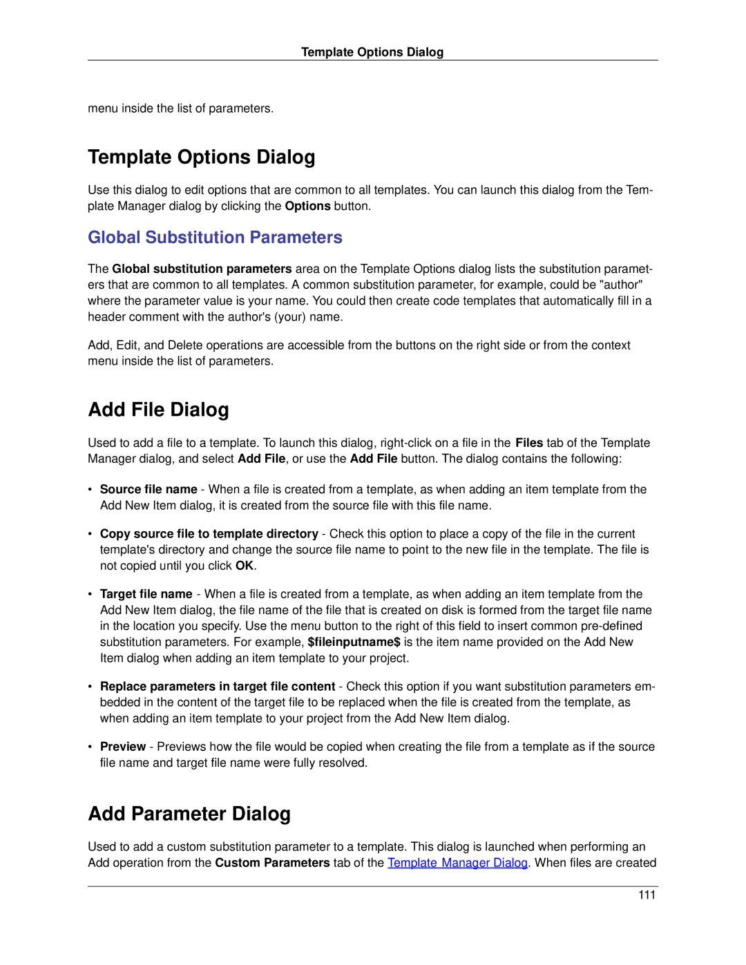 Slick V3.3 manual Template Options Dialog, Add File Dialog, Add Parameter Dialog, Global Substitution Parameters 