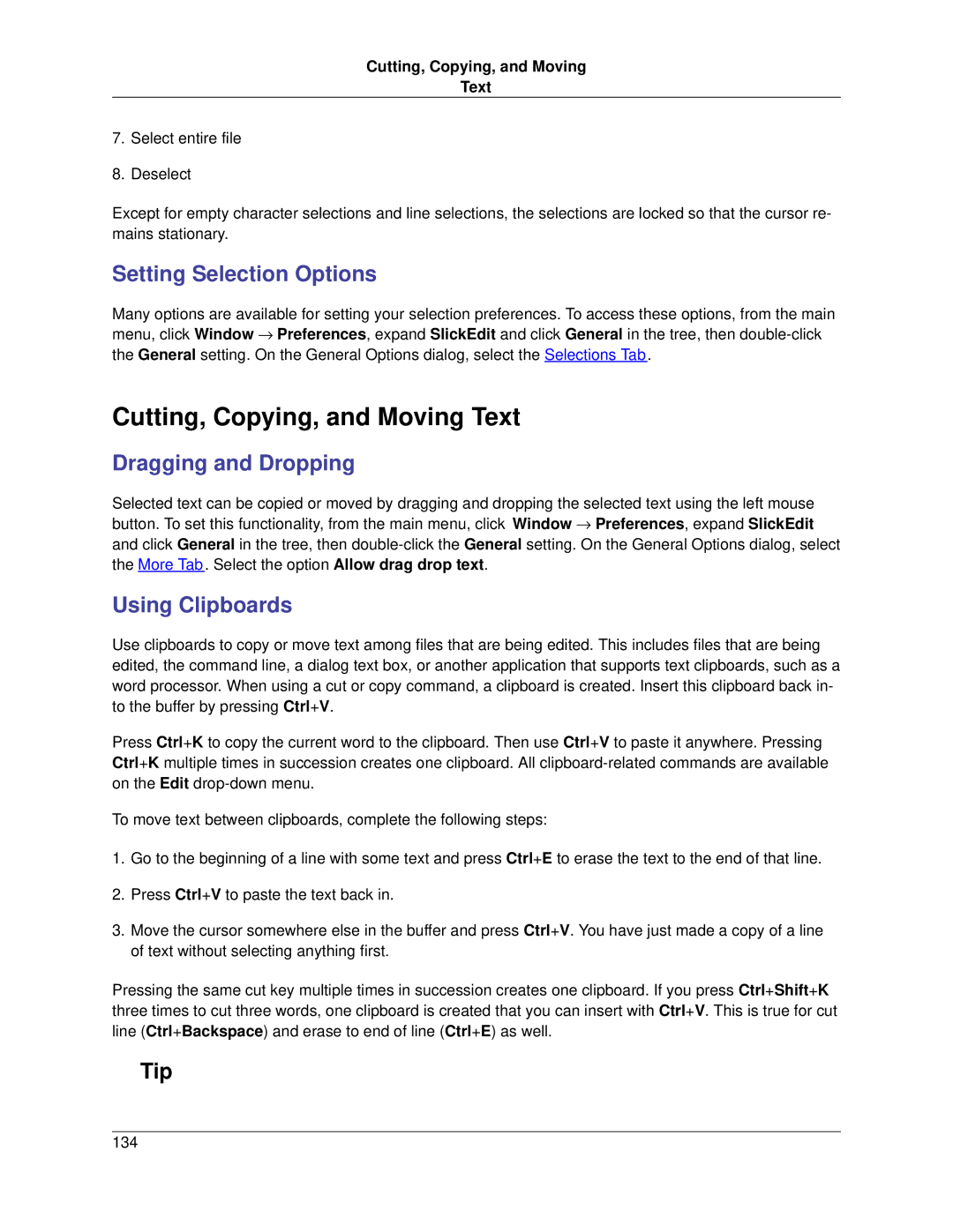 Slick V3.3 manual Cutting, Copying, and Moving Text, Setting Selection Options, Dragging and Dropping, Using Clipboards 