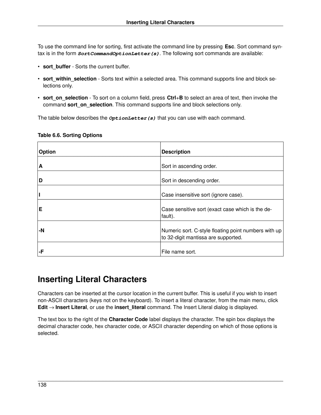 Slick V3.3 manual Inserting Literal Characters, Sorting Options Description 