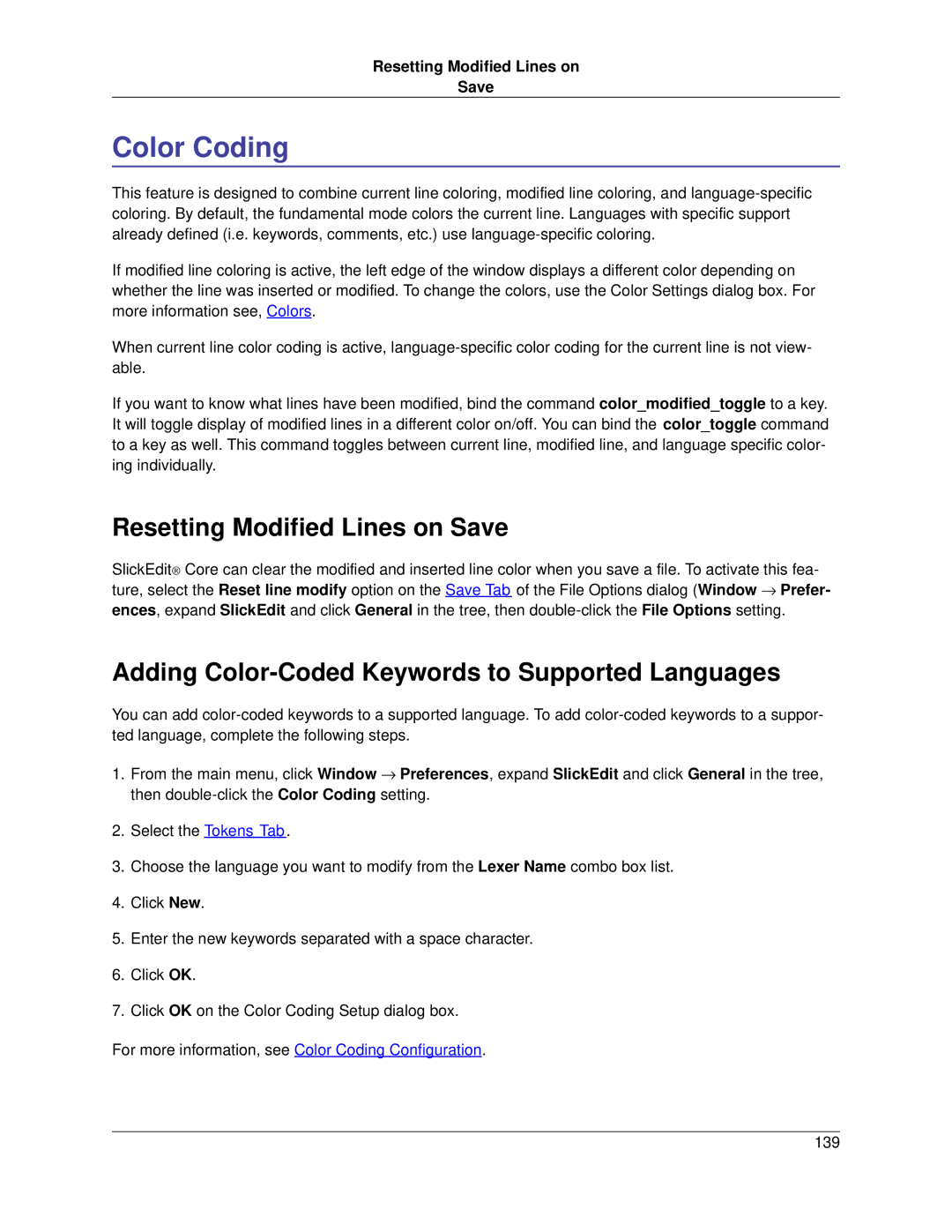 Slick V3.3 manual Color Coding, Resetting Modified Lines on Save, Adding Color-Coded Keywords to Supported Languages 